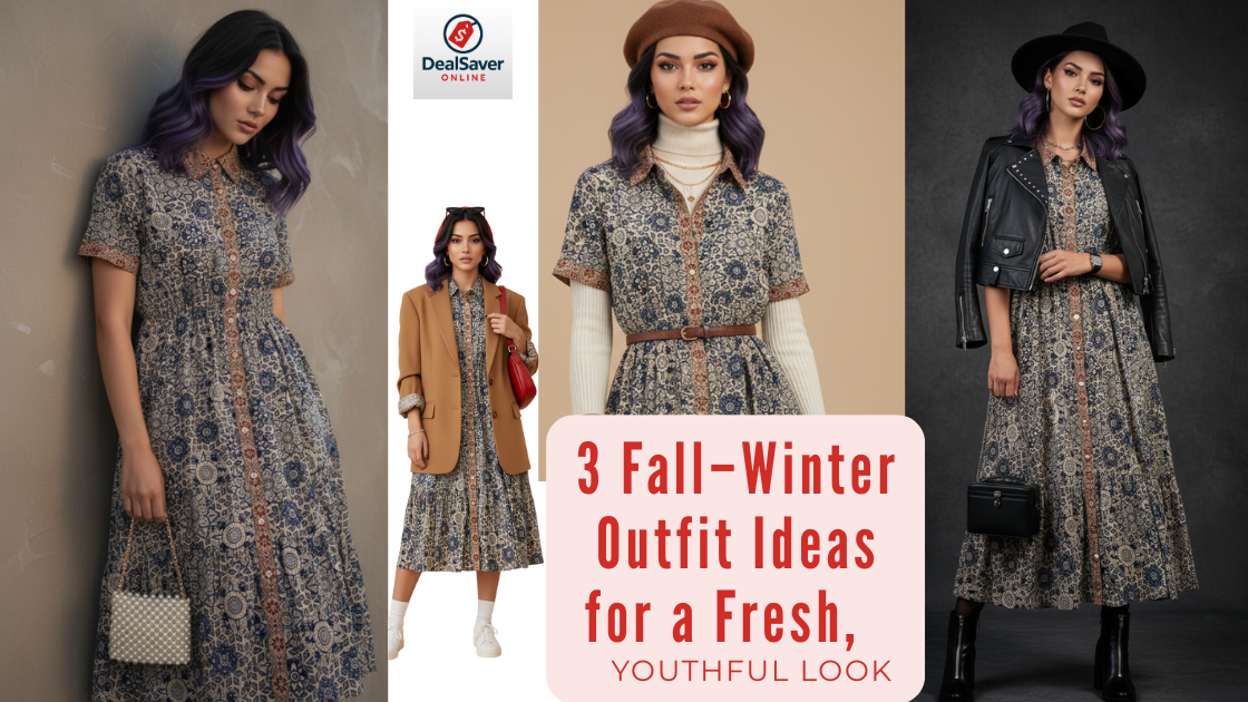 Shein vintage print dress styled into 3 fresh fall-winter outfits
