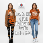 Shein streetstyle Halloween outfit with pumpkin tee, spider leggings, cardigan, and pumpkin bag under $50