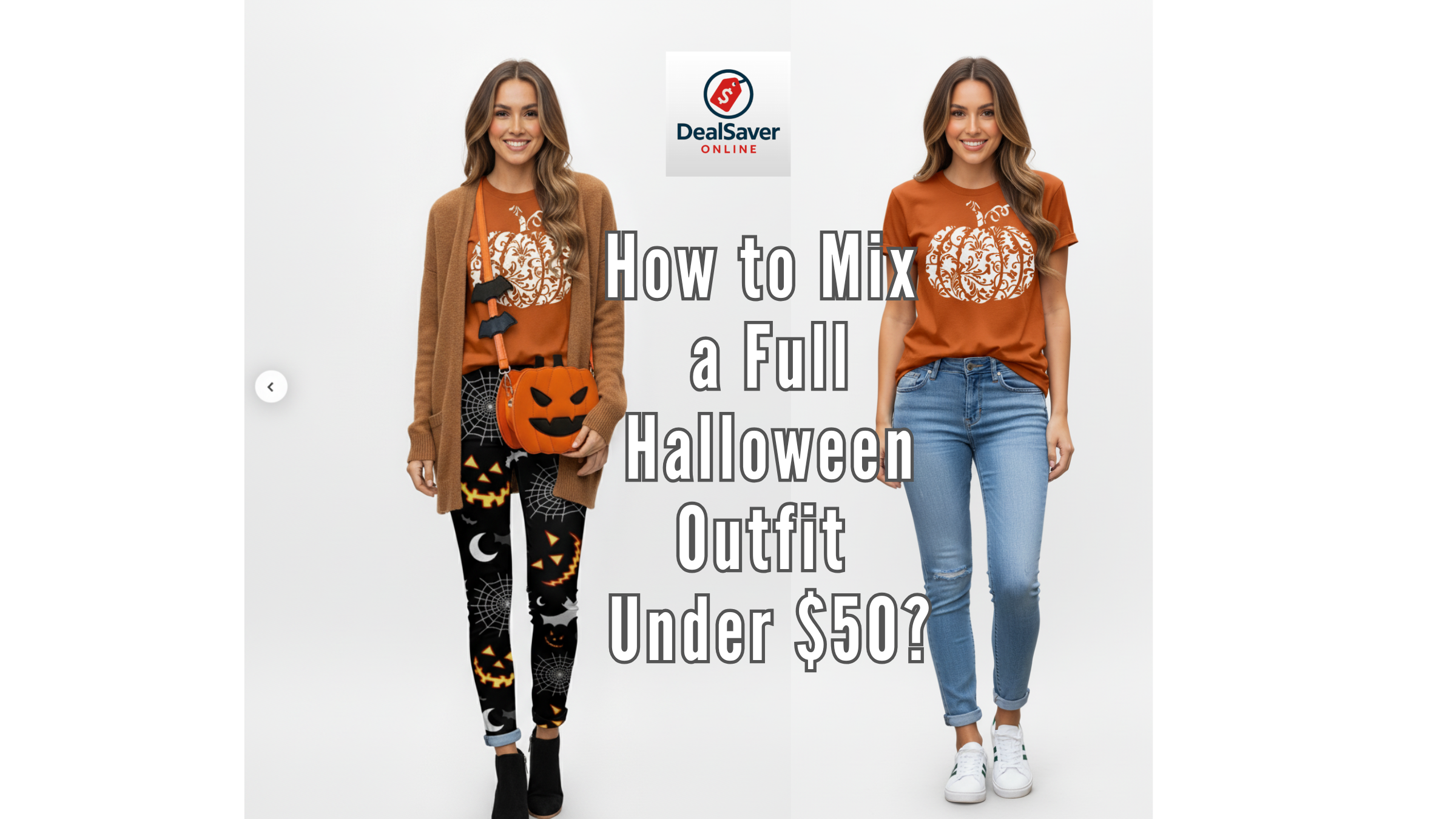 Shein streetstyle Halloween outfit with pumpkin tee, spider leggings, cardigan, and pumpkin bag under $50