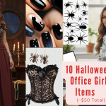 Complete 10-piece Halloween Office Girl Outfit under $50 with shirt, corset, skirt, spider jewelry, red lipstick, and Halloween nails.