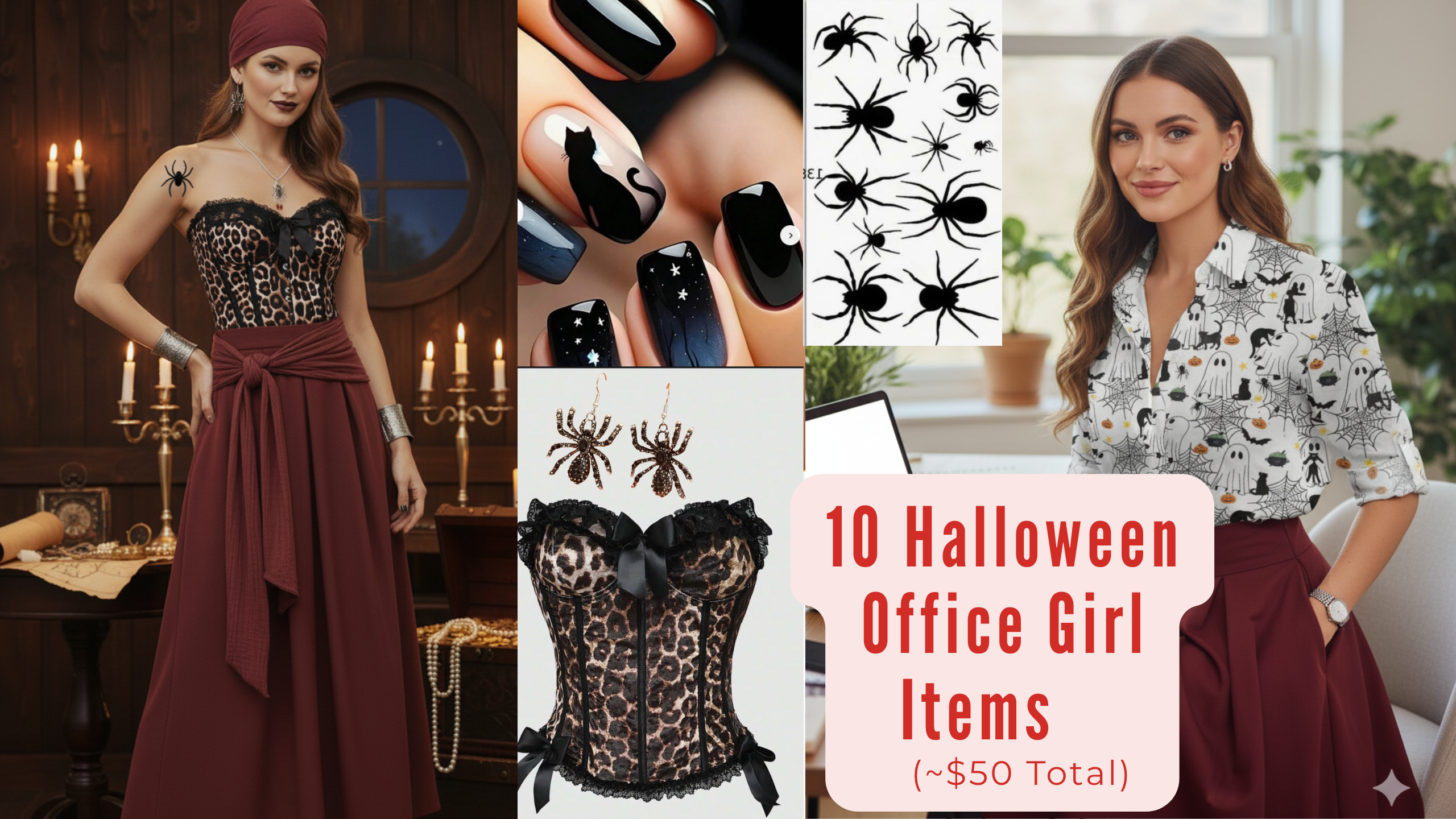 Complete 10-piece Halloween Office Girl Outfit under $50 with shirt, corset, skirt, spider jewelry, red lipstick, and Halloween nails.