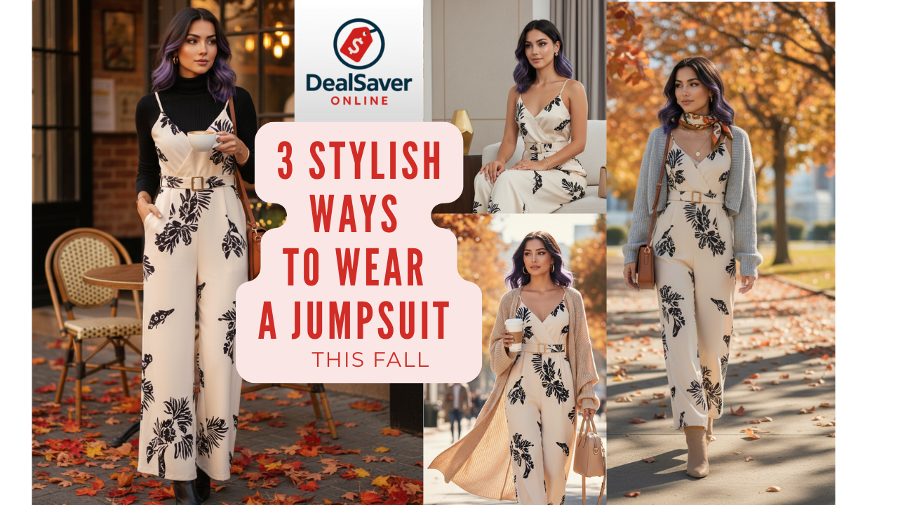 Shein cream jumpsuit styled in 3 fall looks – cardigan, turtleneck, scarf – affordable outfits under $12